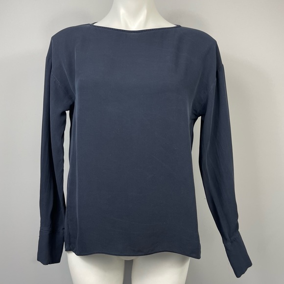 Theory Jarthstin Womens Silk Open Split Back Blouse Top Shirt Long Sleeves Navy - Picture 5 of 14